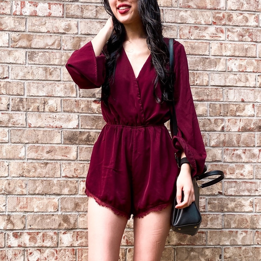 Satin Wrap Romper with Lace Hem in Maroon, L